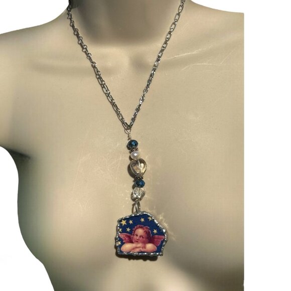 Cherub Broken China Pendant Caged in Silver Blend Metalwork with Crystal Beads - Picture 2 of 15